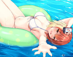  :d armpits bikini breasts brown_eyes brown_hair camera chinese_commentary cleavage commentary_request dongyue_sakura female foreshortening front-tie_bikini_top front-tie_top grand_blue hair_between_eyes highres holding holding_camera kotegawa_chisa large_breasts looking_at_viewer navel ocean offering_hand on_innertube open_mouth outdoors outstretched_arm reaching reaching_towards_viewer short_hair smile solo swimsuit thighs wakamezake wet white_bikini 