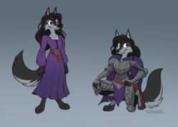  3_toes anthro armor barefoot belly belt black_body black_fur black_hair breasts canid canine canis cloak clothing collarbone digitigrade dress feet female footwear fur hair hi_res kneeling leather long_hair mammal melee_weapon metal multiple_poses paws pose purple_cloak purple_clothing purple_dress serareldeer solo standing sword syrene_night toeless_footwear toes weapon white_belly wolf 