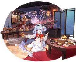  2girls aerial_fireworks animal_ears azur_lane baozi bird black_hairband blonde_hair blue_eyes blue_hair chick chinese_clothes dragon_girl dragon_horns dragon_tail dress eastern_dragon_tail fireworks food food_in_mouth gradient_hair hairband hands_up highres holding holding_skewer horns hu_pen_(azur_lane) hu_pen_(prancing_tiger_welcomes_the_spring)_(azur_lane) huge_spoon logo lung_wu_(ascendant_dragon&#039;s_spring_feast)_(azur_lane) lung_wu_(azur_lane) manjuu_(azur_lane) multicolored_hair multiple_girls official_alternate_costume official_art pantyhose purple_hair red_footwear see-through see-through_dress shnva sitting skewer sparkling_eyes table tail tiger_ears tiger_girl tiger_tail v vase wariza white_dress white_pantyhose 