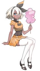  1girls bea_(pokemon) blue_eyes bodysuit bodysuit_under_clothes breasts cheerleader cheerleader_uniform cotton_candy crop_top female female_only food hairband human kiritzugu looking_at_viewer medium_breasts midriff navel nintendo orange_crop_top orange_skirt pokemon pokemon_ss shoes short_hair skirt socks socks_and_shoes solo tan-skinned_female thigh_socks thighhighs white_background white_hair white_socks 