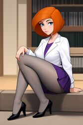  ai_generated ann_possible big_breasts blue_eyes calm female female_focus female_only fully_clothed heels kim_possible orange_hair pantyhose pixai pleased_expression red_hair redhead sitting skirt smiling soft_lips solo thick_thighs 