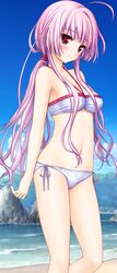  absurdres ahoge beach bikini blush daitoshokan_no_hitsujikai day female halterneck highres long_hair looking_at_viewer low_twintails natsuno_io navel outdoors pink_hair red_eyes side-tie_bikini_bottom smile solo standing swimsuit toki_nozomi twintails white_bikini 