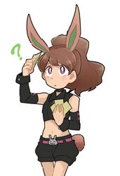  ? animal_ears blush brown_hair bunny_mint bunny_mint_(cosplay) chiimako choker commentary_request cosplay cowboy_shot detached_sleeves female high_ponytail kodama_fumika long_hair midriff navel rabbit rabbit_ears rabbit_girl rabbit_tail shorts simple_background solo tail white_background youkai_watch 