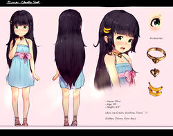  bad_id bad_pixiv_id banana_hair_ornament black_hair blue_dress character_profile collar diathorn dress female food-themed_hair_ornament green_eyes hair_ornament hairclip highres lock lolicon long_hair multiple_views open_mouth original padlock padlocked_collar reference_sheet sandals smile sundress turnaround very_long_hair 