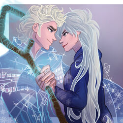  blue_eyes elsa_(frozen) jack_frost_(rise_of_the_guardians) long_hair rule_63 smile staff white_hair 