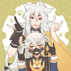  2boys armor black_gloves commentary earrings fangs fox fox_shadow_puppet gloves japanese_armor japanese_clothes jewelry kogitsunemaru long_hair low-tied_long_hair magatama magatama_earrings male_focus menpoo multiple_boys nakigitsune nakigitsune&#039;s_fox nightcat open_mouth paw_print photoshop_(medium) red_eyes slit_pupils smile touken_ranbu white_hair yellow_eyes 