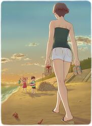  1boy 2girls arm arms_up back bare_arms bare_back bare_legs bare_shoulders beach brown_hair bucket carrying cloud crab gake_no_ue_no_ponyo holding holding_shoes jas kaze_no_tani_no_nausicaa lamppost legs lolicon long_image mother_and_son multiple_girls nape ohmu outdoors park ponyo risa_(ponyo) sand_sculpture sandals seashell shell shoes shoes_removed short_hair short_shorts shorts sky skyline sosuke stairs star_(sky) strapless sun sunset tall_image toy_boat tubetop walking water 