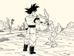  1boy boots cactus commentary crossover dougi dragon_ball dragon_ball_z eye_contact lee_(dragon_garou) looking_at_another looney_tunes male_focus monochrome mountain muscular nib_pen_(medium) open_mouth outdoors own_hands_together pointing pointing_at_self road_runner_(looney_tunes) sharp_teeth short_hair smile son_goku spiked_hair standing teeth tongue tongue_out traditional_media upper_teeth_only wile_e_coyote wristband 