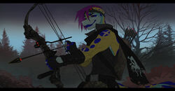  2018 5_fingers ambiguous_gender anthro arrow_(weapon) athletic athletic_ambiguous athletic_anthro black_bars bow_(weapon) camo clothed clothing detailed_background digital_media_(artwork) fingerless_gloves fingers gloves hair handwear holding_object holding_weapon lizard melloque purple_hair quiver_(object) ranged_weapon reptile scalie solo standing weapon 