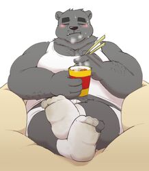  2019 anthro bear belly biped black_nose blush bodily_fluids closed_eyes clothing cute_fangs dirty dirty_clothing dirty_socks feet footwear hi_res hugo_(jumperbear) humanoid_hands jumperbear male mammal overweight overweight_anthro overweight_male shirt simple_background sitting smelly smelly_feet socks solo sweat topwear underwear white_background 