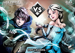  1boy blue_eyes capcom elsa_(frozen) female frozen_(disney) jack_frost_(rise_of_the_guardians) marvel_vs._capcom parody rise_of_the_guardians snowflake snowflakes staff white_hair 