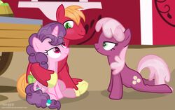  2017 big_macintosh_(mlp) blush cheerilee_(mlp) cutie_mark earth_pony equid equine eye_contact female feral friendship_is_magic group hair hasbro hi_res horn horse looking_at_another male mammal my_little_pony mythological_creature mythological_equine mythology outside pony shutterflyeqd smile sugar_belle_(mlp) text unicorn url 