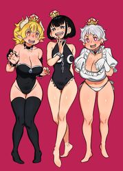  3girls absurdres anko_(nia) bad_id bad_twitter_id bare_legs bare_shoulders barefoot black_hair black_leotard black_thighhighs blonde_hair blue_eyes blush bowsette bowsette_(cosplay) bracelet breasts bright_pupils chain_leash chains chest_jewel choker cleavage collar collar_jewel cosplay earrings english_commentary frilled_collar frills full_body ghost_pose gloves hands_up highres jewelry large_breasts leash leotard luigi&#039;s_mansion mario_(series) medium_hair multiple_girls navel new_super_mario_bros._u_deluxe nia_(nia4294) open_mouth pants pink_background pink_eyes pointy_ears ponytail princess_chain_chomp princess_chain_chomp_(cosplay) princess_king_boo princess_king_boo_(cosplay) puffy_short_sleeves puffy_sleeves red_eyes sharp_teeth short_hair short_sleeves simple_background sinta_(nia) smile sphere_earrings spiked_bracelet spiked_collar spikes standing strapless strapless_leotard super_crown teeth thighhighs uhi_(nia) white_gloves white_hair white_pants white_pupils 