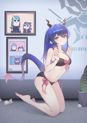  absurdres alternate_hairstyle arknights bare_arms bare_legs bare_shoulders barefoot black_bra black_panties blue_hair bow bow_bra bra breasts ch&#039;en_(arknights) cleavage dragon_horns dragon_tail female great_lungmen_logo hair_between_eyes hair_down hands_up highres horns hoshiguma_(arknights) indoors kneeling long_hair looking_at_viewer medium_breasts navel panties photoshop_(medium) picture_frame pink_bow plant poptepipic potted_plant red_eyes saw272 shadow side-tie_panties solo stomach tail thighs underwear underwear_only 