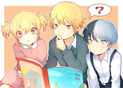  2boys :o ? aged_down aoyagi_touya barcode belt black_belt black_hair blonde_hair book border brother_and_sister clenched_hand collared_dress collared_shirt commentary_request dot_nose dress dress_shirt female fingernails grey_eyes grey_hair grey_sweater hair_between_eyes hand_on_own_chin hand_up highres holding holding_book light_blush lineup lolicon long_sleeves mole mole_under_eye multicolored_hair multiple_boys open_book orange_background outline parted_lips partial_commentary pink_dress pink_eyes polka_dot polka_dot_background project_sekai shirt short_hair siblings sidelocks simple_background split-color_hair suspenders sweater tenma_saki tenma_tsukasa thought_bubble tsurime twintails wavy_hair white_border white_outline white_shirt wide-eyed ye_xing 