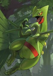  2017 3_fingers 3_toes action_pose ambiguous_gender anthro biped claws detailed_background digital_media_(artwork) elemental_creature featureless_crotch feet finger_claws fingers flora_fauna forest full-length_portrait generation_3_pokemon grass green_body green_claws green_scales green_tail green_theme hi_res leaf markings midair nintendo nude open_mouth pink_tongue plant pokemon pokemon_(species) portrait pose raised_claws red_body red_markings red_scales red_stripes reptile scales scalie sceptile solo striped_body striped_scales stripes tail tessy thick_thighs toe_claws toes tongue tree yellow_sclera 