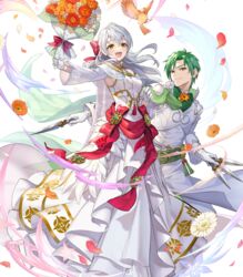  1boy alternate_costume bird blush bouquet bow cape crossed_arms dress feathered_wings feathers female fire_emblem fire_emblem:_radiant_dawn fire_emblem_heroes flower full_body gloves green_hair grey_hair highres leaf long_hair micaiah_(bridal)_(fire_emblem) micaiah_(fire_emblem) non-web_source official_art open_mouth petals sothe_(fire_emblem) sothe_(groom)_(fire_emblem) sparkle teffish transparent_background veil wings yellow_eyes yune_(fire_emblem) 