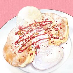  commentary_request cream food food_focus ice_cream nagare750 no_humans original pancake pink_background plate powdered_sugar realistic simple_background souffle_pancake still_life strawberry_syrup sugar_(food) sweets 