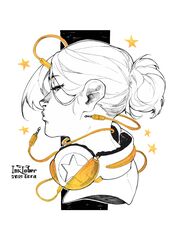  2019 artist_name closed_mouth female from_side gofa headphones headphones_around_neck highres inktober looking_to_the_side medium_hair monochrome original partially_colored short_ponytail simple_background solo star_(symbol) traditional_media wire 