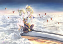  1boy 54cr above_clouds adapted_costume aircraft blonde_hair blue_eyes boots bow capelet chinese_commentary cloud commentary envelope female flower flying_saucer fur-trimmed_boots fur-trimmed_capelet fur_trim hair_ornament hairbow hairclip headphones highres holding holding_envelope hot_air_balloon kagamine_len kagamine_rin magical_mirai_(vocaloid) magical_mirai_len magical_mirai_len_(2020_winter) magical_mirai_rin magical_mirai_rin_(2020_winter) neck_flower neck_ribbon open_mouth ribbon shirt short_hair short_ponytail short_shorts shorts sitting sitting_on_lap sitting_on_person sky sleeveless sleeveless_shirt smile spacecraft spiked_hair swept_bangs ufo vocaloid white_bow white_shirt wide_shot wind wrist_cuffs yellow_flower yellow_ribbon 