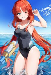  aqua_eyes auui bare_arms bare_shoulders black_one-piece_swimsuit blue_sky blunt_bangs blush breasts collarbone commentary competition_swimsuit contrapposto covered_navel day eyelashes female genshin_impact grin hand_up highres holding holding_water_gun impossible_clothes impossible_swimsuit long_hair medium_breasts nilou_(genshin_impact) ocean one-piece_swimsuit one_eye_closed red_hair sky smile solo standing swimsuit very_long_hair wading water water_gun 