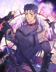  1boy alternate_costume biceps blue_hair casting closed_mouth cu_chulainn_(caster)_(fate) cu_chulainn_(fate) cu_chulainn_alter_(fate) dark_persona earrings elbow_gloves facepaint fate/grand_order fate_(series) gloves highres jewelry large_pectorals laulaubi long_hair male_focus muscular muscular_male pectorals red_eyes runes see-through see-through_shirt shirt skin_tight solo spiked_hair spikes staff 