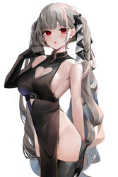  absurdres asymmetrical_gloves azur_lane bad_id bad_twitter_id bare_shoulders black_dress black_gloves black_thighhighs blush breasts cleavage cleavage_cutout clothing_cutout cross cross_earrings dress earrings elbow_gloves female formidable_(azur_lane) gloves grey_hair hair_ornament hair_ribbon heart heart_cutout highres inverted_cross jewelry large_breasts long_hair looking_at_viewer nephthys2356 parted_lips red_eyes ribbon simple_background solo thighhighs thighs twintails white_background 