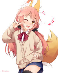  ;d absurdres aged_down animal_ear_fluff animal_ears black_scrunchie black_thighhighs blue_skirt brown_eyes commentary_request cowboy_shot extra_ears fate/extra fate_(series) female fox_ears fox_girl fox_tail hair_between_eyes hair_ornament hair_scrunchie hand_on_own_hip haryuu_(poetto) highres jacket light_blush long_hair long_sleeves looking_at_viewer low_twintails musical_note one_eye_closed pink_hair scrunchie seikan_hikou simple_background skirt smile solo tail tamamo_(fate) tamamo_no_mae_(fate/extra) thighhighs twintails twitter_username white_background zettai_ryouiki 