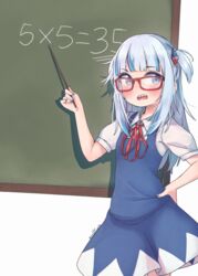  bespectacled blue_dress blue_eyes blue_hair blue_nails blunt_bangs blush chalkboard cirno cirno_(cosplay) collared_shirt commentary cosplay dress english_commentary failure feet_out_of_frame female flat_chest gawr_gura glasses grey_hair hair_ornament hand_on_own_hip highres hololive hololive_english kiirokuma long_hair looking_to_the_side multicolored_hair nail_polish neck_ribbon open_mouth puffy_short_sleeves puffy_sleeves red_ribbon ribbon shark_hair_ornament sharp_teeth shirt short_sleeves simple_background solo standing streaked_hair teeth touhou twitter_username two_side_up virtual_youtuber white_background white_shirt 