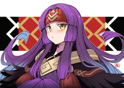  &gt;:( :&lt; closed_mouth female fire_emblem fire_emblem:_radiant_dawn fire_emblem_heroes headband highres long_hair looking_at_viewer nakabayashi_zun purple_hair red_headband sanaki_kirsch_altina sanaki_kirsch_altina_(resplendent) solo upper_body v-shaped_eyebrows yellow_eyes 