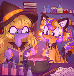  abra-ca-dabra_(mlp) accessory blonde_hair book bow_ribbon cape cauldron chibi clothing detailed_background duo earth_pony equid equine fake_cat_ears fake_ears female feral furgonomics hair halloween hasbro hat headgear headwear hi_res holidays hooves horse mammal mlp_g3 multicolored_hair my_little_pony neck_bow paper pony pumpkin_tart_(mlp) ribbons sidruni smile sparkles tail tail_accessory tail_bow tail_ribbon tail_tuft tuft witch_hat 