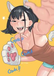  animal_hands aqua_shorts bad_id bad_twitter_id black_eyes black_hair breasts brown_camisole camisole cleavage cowboy_shot extra_ears female gloves highres medium_hair nia_(nia4294) open_mouth original paw_gloves sharp_teeth shorts simple_background single_glove small_breasts smile solo star_(symbol) tail teeth twitter_username uhi_(nia) yellow_background 