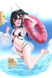  absurdres azur_lane barefoot bikini bird black_bikini black_hair blue_sky breasts chick cloud cloudy_sky female hatsuzuki_(august&#039;s_first_romance)_(azur_lane) hatsuzuki_(azur_lane) highres holding holding_swim_ring innertube jacket long_hair long_sleeves looking_at_viewer manjuu_(azur_lane) navel official_alternate_costume open_mouth pink_innertube red_eyes red_nails see-through see-through_jacket sky small_breasts stomach swept_bangs swim_ring swimsuit teeth toes twintails upper_teeth_only water white_jacket zerotwenty_(020) 