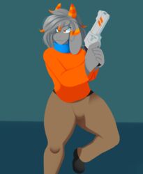  absurd_res anthro artesderatzyu blue_scarf bovid caprine clothing detailed_hair floppy_ears fur goat grey_body grey_fur gun gusta_(gusta) hair handgun hi_res holding_gun holding_object holding_ranged_weapon holding_weapon hoodie horn khaki_pants male mammal narrowed_eyes orange_clothing orange_eyes orange_hoodie orange_horn orange_stripes orange_topwear ranged_weapon revolver scarf shaded simple_background solo standing stripes topwear weapon 