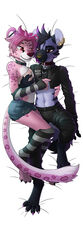  2022 absurd_res alternative_fashion anthro arm_around_waist bare_shoulders barefoot bedding bedding_background black_hair black_stripes bottomwear character_name cheek_tuft claws clothed clothing collar collar_ring collar_tag crop_top crossdressing cute_fangs cutoffs daisy_dukes dakimakura dakimakura_design denim denim_bottomwear denim_clothing digitigrade duo ear_piercing ear_ring eye_contact facial_piercing facial_tuft feet felid femboy footwear full-length_portrait fully_clothed furgonomic_footwear furgonomics gauged_ear gold_(metal) gold_ear_ring gold_jewelry hair hi_res high-angle_view highlights_(coloring) hotpants hug hyena industrial_piercing interspecies jewelry knee_highs knee_socks legwear looking_at_another looking_at_partner lord-kiyo male male/male mammal markings meen_yeen midriff multicolored_claws name_tag nose_piercing nose_ring pantherine piercing pink_hair pink_nose pink_spots portrait purple_highlights red_eyes ring_(marking) ring_piercing romantic romantic_couple shirt shorts simple_background smile snaex snow_leopard socks spots striped_knee_socks stripes toeless_footwear toeless_socks topwear tuft white_background 