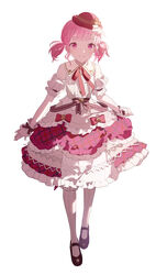  arms_at_sides ascot bangs blunt_bangs bow brown_footwear brown_ribbon buttons center_frills closed_mouth collared_dress detached_sleeves doily dot_nose double_horizontal_stripe dress eyebrows_visible_through_hair female frilled_dress frills full_body hat hat_bow hat_ornament heart_hat_ornament heiwa_(murasiho) highres layered_dress looking_at_viewer mary_janes neck_ribbon ootori_emu pantyhose pink_dress pink_eyes pink_hair plaid plaid_dress project_sekai puffy_short_sleeves puffy_sleeves red_headwear red_ribbon ribbon shoes short_sleeves short_twintails sidelighting sidelocks simple_background sleeveless sleeveless_dress smile solo striped striped_legwear top_hat twintails vertical-striped_legwear vertical_stripes waist_bow wavy_hair white_ascot white_background white_dress white_legwear white_sleeves wonderlands_x_showtime_(project_sekai) wrist_cuffs wrist_ribbon 