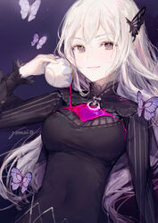  black_dress blonde_hair breasts bug butterfly butterfly_hair_ornament closed_mouth commentary_request covered_navel cup dark_background dress echidna_(re:zero) female gomzi grey_eyes hair_ornament holding holding_cup insects long_hair looking_at_viewer medium_breasts night night_sky pouring_onto_self re:zero_kara_hajimeru_isekai_seikatsu sky smile solo upper_body very_long_hair white_eyelashes 