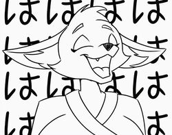  animated anthro canid canine closed_eyes clothed clothing female fennec fox fully_clothed icon japanese_text kemono kimota laugh mammal simple_background solo text white_background zp92 