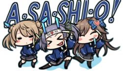  3girls arashio_(kancolle) arashio_kai_ni_(kancolle) black_dress black_pantyhose black_socks brown_hair closed_eyes double_bun dress glowstick hachimaki hair_bun happi headband japanese_clothes kantai_collection kneehighs light_brown_hair long_hair makura_(y_makura) michishio_(kancolle) michishio_kai_ni_(kancolle) multiple_girls ooshio_(kancolle) ooshio_kai_ni_(kancolle) pantyhose penlight_(glowstick) pinafore_dress purple_hair school_uniform short_twintails sleeveless sleeveless_dress socks twintails wotagei 