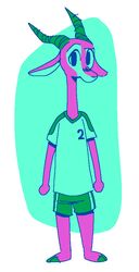  2020 ambiguous_gender antelope anthro barefoot bottomwear bovid chico_(fuel) clothed clothing cool_colors eyebrows facial_markings feet fuel_(artist) gazelle green_background head_markings horn looking_at_viewer mammal markings raised_eyebrow restricted_palette shirt shorts simple_background solo standing t-shirt topwear white_background 