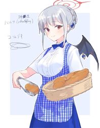  alternate_costume alternate_hairstyle apron basket blue_apron blue_archive blue_bow blue_bowtie blush bow bowtie braid braided_bun bread breasts female food gingham_apron grey_hair hair_bun hairbow haruna_(blue_archive) highres holding kobeya_uniform kyuuri_(miyako) medium_breasts red_eyes shirt sidelocks simple_background smile solo two-tone_background white_shirt wings 