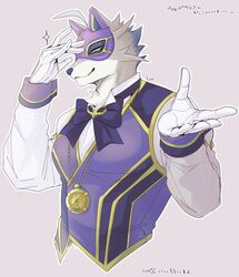  anthro blue_eyes canid canine clock clothing fox fur gloves grey_body grey_fur handwear hi_res izm_rm7 jewelry lifewonders live_a_hero male mammal mask necklace purple_clothing smile solo supervillain topwear vest vulpecula watch 