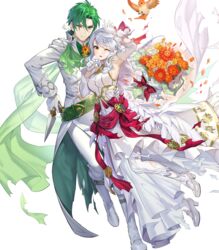  1boy alternate_costume bird bouquet bow cape crossed_arms dress feathered_wings feathers female fire_emblem fire_emblem:_radiant_dawn fire_emblem_heroes flower full_body gloves green_hair grey_hair highres leaf long_hair micaiah_(bridal)_(fire_emblem) micaiah_(fire_emblem) non-web_source official_art one_eye_closed open_mouth sothe_(fire_emblem) sothe_(groom)_(fire_emblem) teffish torn_clothes transparent_background veil wings yellow_eyes yune_(fire_emblem) 