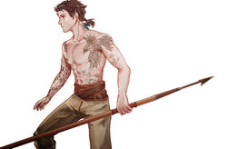  1boy arm_tattoo bishounen brown_hair brown_pants closed_mouth commentary_request cowboy_shot earrings harpoon highres holding holding_weapon jewelry looking_to_the_side male_focus medium_hair navel no_nipples pants polearm qrow_branwen red_eyes rwby shoulder_tattoo simple_background single_earring solo spear tattoo thuban_x topless_male weapon white_background 