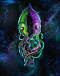  cartoon_network cephalopod cinemamind coleoid courage_the_cowardly_dog decapodiform duo egg female green_body green_skin hi_res male marine mollusk parent_(lore) parent_and_child_(lore) purple_body purple_skin red_eyes romantic romantic_couple space starmaker tentacle 