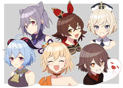  6+girls ahoge alternate_hair_length alternate_hairstyle amber_(100_outrider)_(genshin_impact) amber_(genshin_impact) barbara_(genshin_impact) bell blonde_hair blue_eyes blue_hair boo_tao_(genshin_impact) brown_eyes brown_hair closed_eyes commentary_request cowbell earrings flipped_hair flower-shaped_pupils ganyu_(genshin_impact) genshin_impact ghost hair_horns hair_ribbon hat highres horns hu_tao_(genshin_impact) itsumiruka jewelry keqing_(genshin_impact) multiple_girls one_eye_closed open_mouth pink_eyes purple_hair ribbon short_hair sleeveless smile symbol-shaped_pupils unworn_hat unworn_headwear upper_body yoimiya_(genshin_impact) 