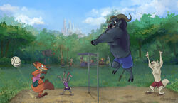  2020 anthro ball barefoot benjamin_clawhauser black_body bottomwear bovid bovine building canid canine canis cape_buffalo cheetah chief_bogo clothed clothing detailed_background disney elephant elephantid feet felid feline female fox fully_clothed fur giraffe giraffid grass grey_body grey_fur group hi_res horn judy_hopps lagomorph leporid male mammal net nick_wilde officer_wolfard orange_body orange_fur outside plant proboscidean rabbit red_fox shirt shorts sophiecabra sport tank_top topless topwear tree true_fox volleyball volleyball_(ball) volleyball_net wolf zootopia 