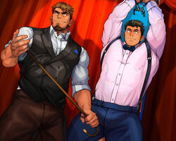  2boys arms_up auction bara black_eyes black_hair black_vest bound bound_wrists bow bowtie brown_hair brown_pants bulge cane denim facial_hair formal goatee highres jeans large_pectorals male_focus multiple_boys muscular muscular_male nipples original paid_reward_available pants pectorals pink_shirt shirt short_hair sleeves_rolled_up spiked_hair suspenders tarutoru thick_thighs thighs tight_clothes tight_shirt undercut vest white_shirt 