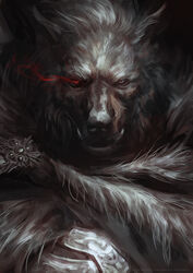  1boy armor artstation_username blaidd_the_half-wolf breastplate cloak elden_ring eye_trail fur_cloak heterochromia light_trail looking_at_viewer male_focus portrait red_eyes solo victor_garcia 