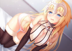  all_fours ass bare_shoulders black_gloves black_thighhighs blonde_hair blue_eyes blush bow bow_panties breasts butt_crack chains commentary_request elbow_gloves fate/apocrypha fate/grand_order fate_(series) female fur-trimmed_gloves fur-trimmed_legwear fur_trim gloves half-closed_eyes headpiece highres jeanne_d&#039;arc_(fate) jeanne_d&#039;arc_(third_ascension)_(fate) large_breasts long_hair looking_at_viewer no_pants panties parted_lips photoshop_(medium) pink_panties smile solo thighhighs thighs underwear white_panties yuunagi_(0217) 